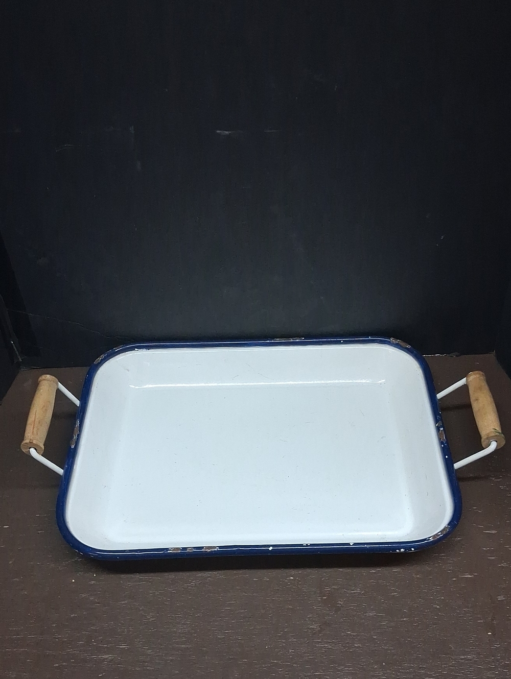 white enamel tray with distressed blue trim, wood handles - NEW